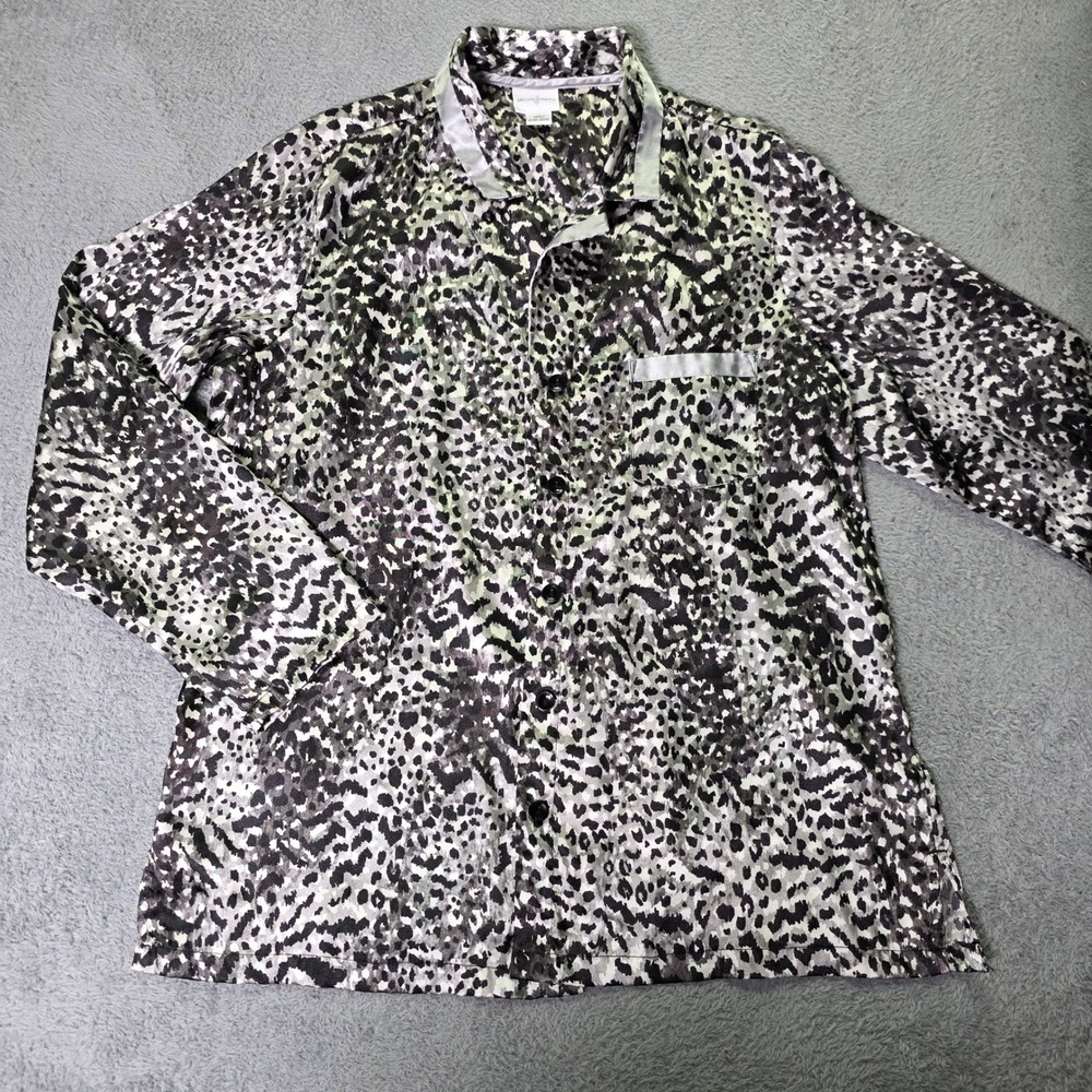 Jaclyn Smith Womens XL Pajama Top Grey Black Leopard Print Satin Button Down